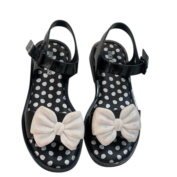 Mini Melissa Mar Sandal Black with White Glitter Toe Bow Youth size 12 USA - Picture 3 of 6
